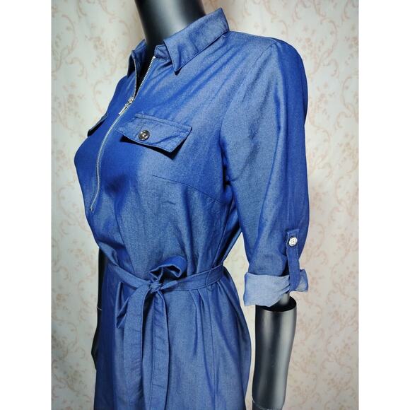 Mlle Gabrielle Lightweight Denim Look Dress Zip Front Tie Waist, Size S - Picture 4 of 16